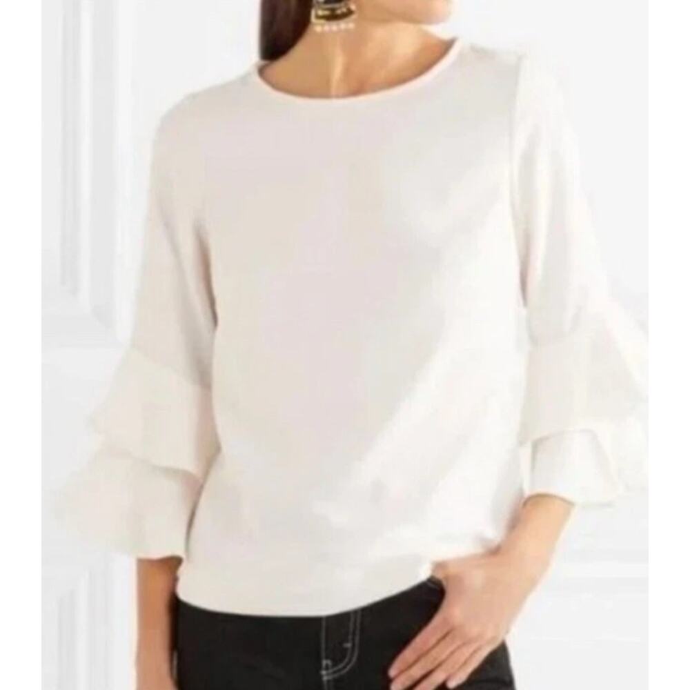 J Crew Womens Size 00P Petite Tiered Bell Sleeves Top Blouse White Crew Neck